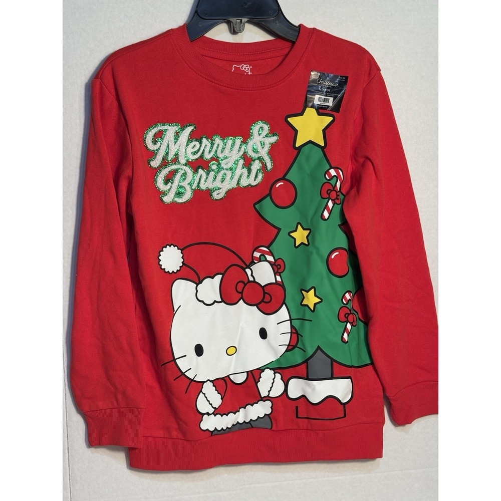 Hello Kitty Red Christmas Sweatshirt‎ MERRY & BRIGHT - Girls Size Large NWT